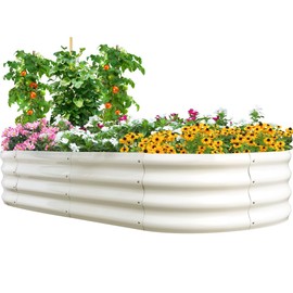 Quictent Galvanized Raised Garden Bed Kit, 6x3x1ft Oval Large Metal Outdoor Planting Box, Ground Planter Strengthened by Crossbar, Beige
