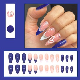 YEFIUO White & Pink Press on Nails - 24 Pcs Short Almond French Nails Glue on with 3D Rhinestones Design, Full Cover Acrylic Nail Kit