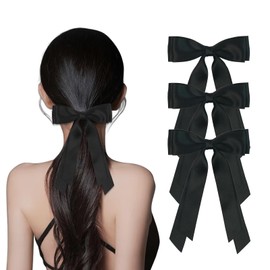3 PCS Black Hair Bows for Women Girls Large Long Tail Silky Satin Ribbon Hair Accessories Prom Wedding Party Costume Parties