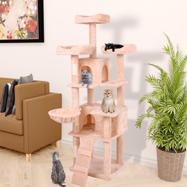 YOPTO 63" Cat Tree Cats Climbing Frame with Staircase-Like Layout,Cozy Fluffy hammocks,Jute-Covered Scratching Post W/perches Pet and Hanging Ball,Friendly Materials,for Indoor,Creamy White