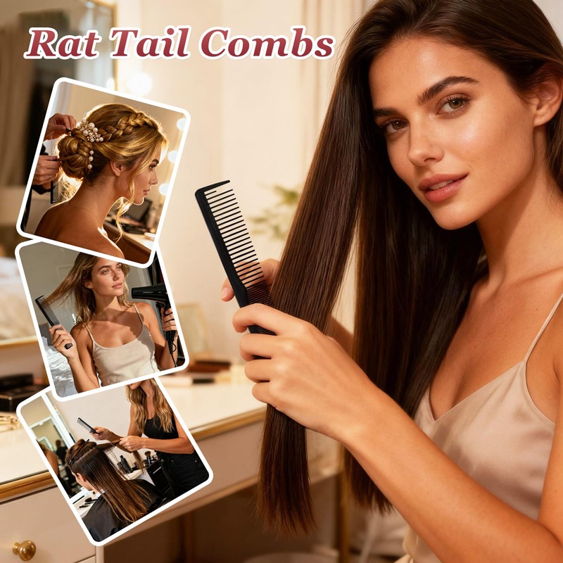 Professional Black Carbon Fiber Barber Combs，Fine and Wide Tooth Teasing