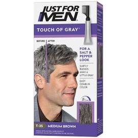 Just For Men Touch of Gray, Gray Hair Coloring Kit for Men with Comb Applicator for Easy Application, Great for a Salt and Pepper Look - Medium Brown, T-35 (Packaging May Vary)