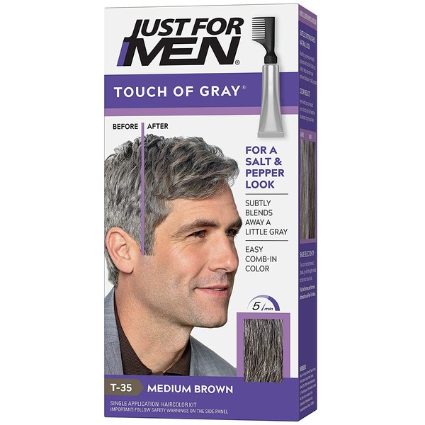 Just For Men Touch of Gray, Gray Hair Coloring Kit for Men with Comb Applicator for Easy Application, Great for a Salt and Pepper Look - Medium Brown, T-35 (Packaging May Vary)