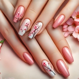 Spring Press on Nails Medium Length Coffin Shaped Fake Nails Flower Stick on Nails Pink Glue on Nails Gradient False Nails Glossy Acrylic Nails Reusable Full Cover Artificial Nails for Women 24Pcs