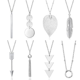 YQZIYOU 8 PCS Long Necklaces for Women - Fashion Pendant Necklace Jewelry, Silver Bar Feather Circle Leaf Tassel Y Necklace Jewelry Set
