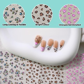 CESTSIREN Colorful Heart Leopard Print Nail Art Stickers, Thin Nail Decals, Self-Adhesive, Nail Accessories for Women, Nail Decorations 3 Sheets