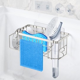 StorageRight 4-In-1 Sponge Holder for Kitchen Sink, Kitchen Organizers and Storage with Adhesive Hook & Suction Cups, Rustproof Sink Caddy for Kitchen Decor, Kitchen Sink Organizer - Silver