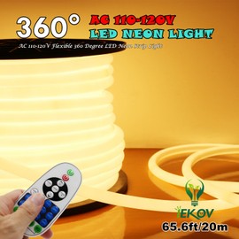 [Upgrade] 360Â° LED NEON Light, IEKOV AC 110-120V Flexible 360 Degree LED Neon Strip Lights, Dimmable & Waterproof NEON LED Rope Light + Remote Controller (65.6ft/20m, Warm White)
