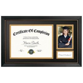 GiftMust 11x18.5 Graduate Frame for 8.5x11 Certificate Document, Display One 8.5x11 Diploma and One 4x6 Graduate photo, Real Glass, Black Frame with Black Over Gold Double Mats