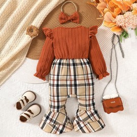 HEOXIN Newborn Baby Girl Clothes Set, Toddler Romper Ruffle Long Sleeve Outfit with Bowknot, Bodysuits with Plaid Patterned Flared Hems and Headband, Baby Girl Clothing Set for 18-24 Months, Brown