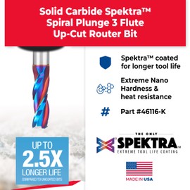 Amana Tool Spektra Extreme Tool Life Coated Solid Carbide Spiral Plunge Router Bit, 46116-K, 1/2 D x 1-1/2 CH x 1/2 Shank x 3-1/2 Inch Long Up-Cut, 3-Flute
