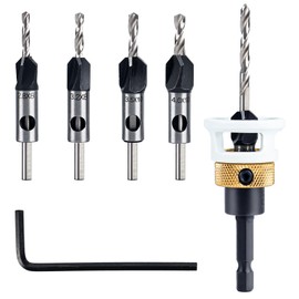 6-Piece Countersink Drill Wood, 1/4 Inch Hex Shank, Countersink Wood with Depth Stop, with Hex Key, Drill with Countersink for Woodworking, Precise Drilling