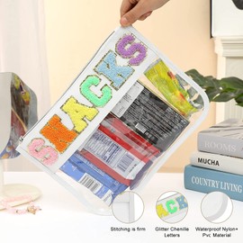 BCRMPT Chenille Letter Bag Clear Flat Pouch, Multi-Purpose PVC & Nylon Cosmetic Bag, Travel Makeup Pouch With Zipper for Women, Gym, Beach (White-Snacks)
