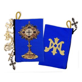 Alexandra Int'l Blue Tapestry Rosary Pouch - Adults & Seniors (Favoring Women) - Unisex - 4.5 x 3 Inch - Blessed Sacrament Monstrance & Virgin Mary Symbols - Zipper with Cross