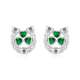 Horseshoe Clover Earrings 925 Sterling Silver St. Patrick's Day Earrings Shamrock Earrings with Green CZ Celtic knot Irish Jewellery for Women Girls