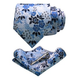 JEMYGINS Mens Floral Ties and Pocket Square Sets with Tie Clip Available, White Blue