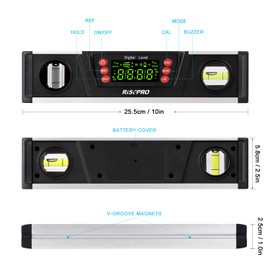 Digital Magnetic Spirit Level and Protractor - RISEPRO 10" IP54 Protected Electronic Bubble Inclinometer, Angle Finder, Gauge with Large VA Display and Socket with V-Groove DL135-B