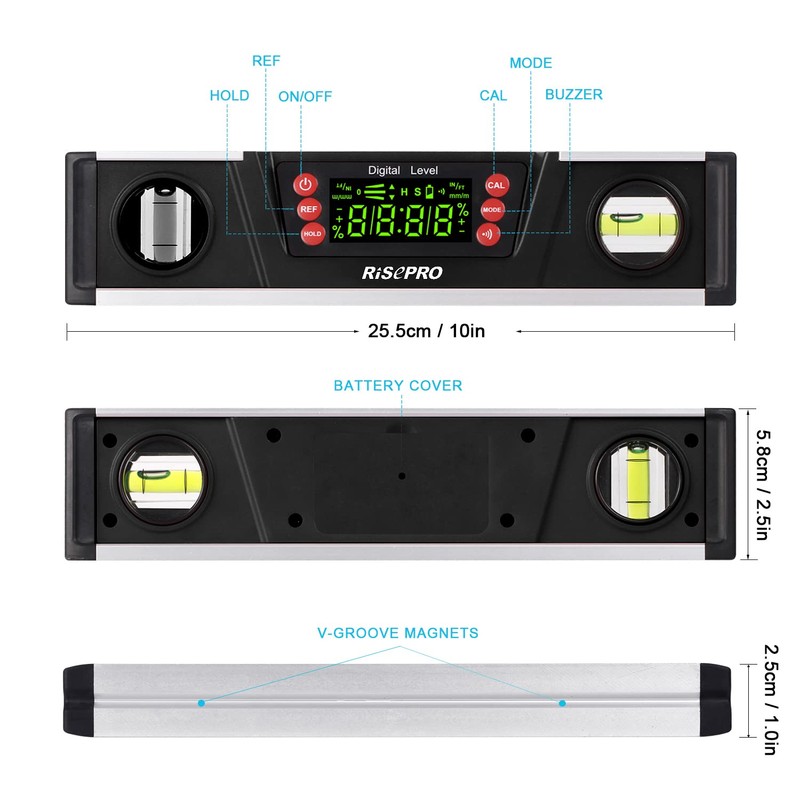 Digital Magnetic Spirit Level and Protractor - RISEPRO 10" IP54