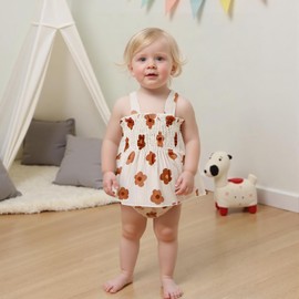 Baby Girl Summer Clothes Flower Sleeveless Smocked Tank Tops Bloomer Shorts Headband 3Pcs Infant Toddler Shorts Set (Beige, 6-12 Months)