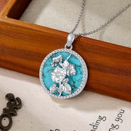 Reaii Natural Turquoise Morning Glory Necklace for Women 925 Sterling Silver September Birth Flower Pendant with Genuine Turquoise Jewelry Gifts
