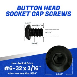 Fastenere Button Head Socket Cap Screws - 6-32 x 3/16" (100-Pcs) Alloy Steel, Fully Threaded, Fine Black Oxide Finish, Corrosion-Resistant, Machine Thread, Easy to Install w/Allen Hex Drive