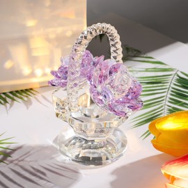 Crystal Rose Basket Collectible Figurines for Women, Amethystine Glass Flower Gifts for Mum on Birthday Anniversary, Centerpiece Ornaments for Home Decor Christmas (Purple)
