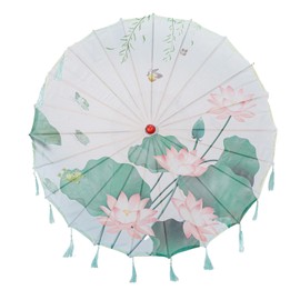 THY COLLECTIBLES Classic Chinese Art Asian Style 22" Kids' Size Silk Parasol Umbrella with Tassels for Wedding Parties, Photography, Costumes, Cosplay, Decoration And Other Events (White with Lotus)