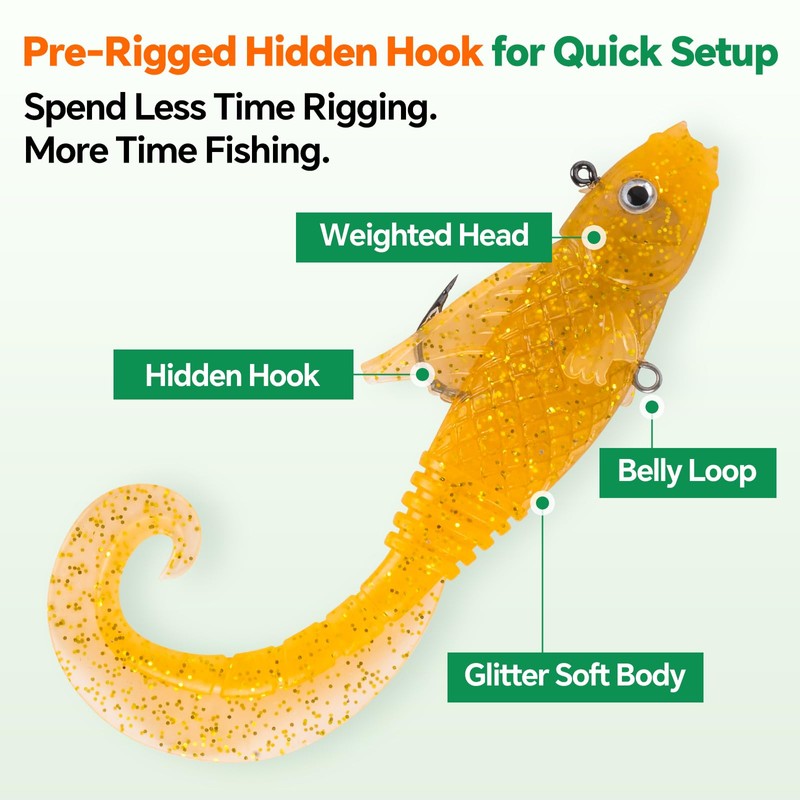 POWJOY 5in Pre-Rigged Curly Tail Swimbaits with Hidden Hook &