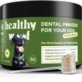 Healthy Woof Dental Powder for Dogs - Complete Oral Care Bone Broth, Dog Teeth Cleaning Powder, Tartar Remover, Fresh Breath, Sensitive Stomach Support, No Brush Dental Care, 4.2 oz, 60 Scoops