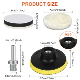 9PCS 3 Inch Wool Polishing Buffing Pad, Drill Polishing Pad Kit, Wool Polishing Buffing Wheel, Hook & Loop Backing Pad with M10 Drill Adapter Car Buffer Polisher Kit for Car Buffer Polisher Waxing