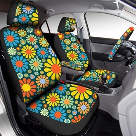 17 Pcs Hippie Flower Car Seat Cover Set Universal Accessories Colorful Art Floral Steering Wheel/Armrest Cover, Cup Holder Mat Keyring Shoulder Pad Wrist Strap for Women Men