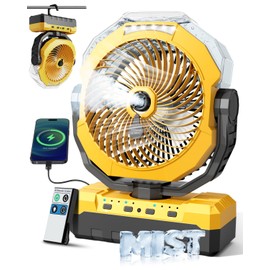 460ml Large Tank Portable Misting Fan, 24000mAh Rechargeable Battery Powered Camping Fan with 2 Meters Spray, Light & Remote for Indoor, Outdoor, Patios, Travel Jobsite Beach Summer Essentials, Yellow