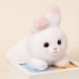 RLOMUTE 12 Inch Rabbit Plush Toy Tummy Position Rabbit Stuffed Toy Soft Cuddly for Party Favours Companion Bedroom Car Christmas Home Decoration Collector's Gift for Children White