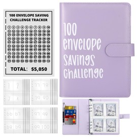 Challenge Folder with 100 Envelopes, A5 Envelope, Savings Challenge Budget Binder, with 25 Money Saving Trackers to Save €5050, Purple Money Envelope Wallet for School, Home, Office