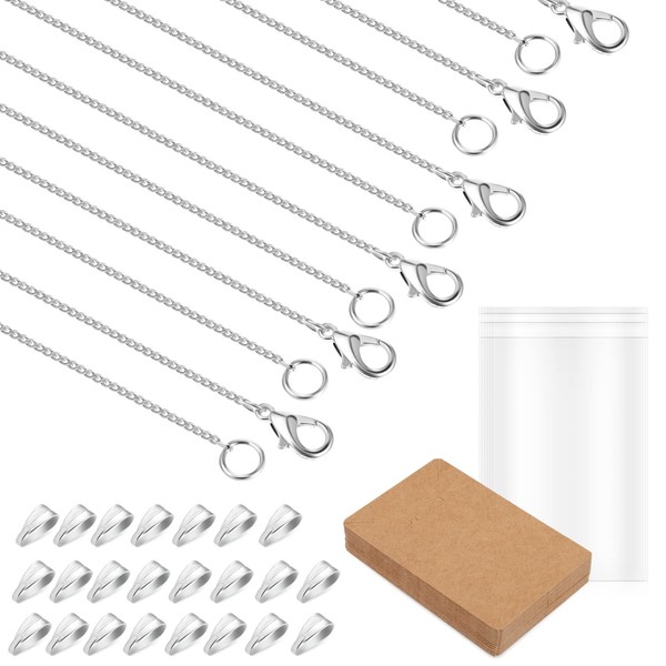 EXCEART 30 Set Silver Necklace Chains Bulk and 304 Stainless Steel Snap on Bails Pinch,Necklace Display Cards with Self-Seal Bags for DIY Jewelry Display