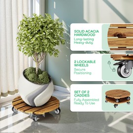 Idzo 2-Pack 14 Inch Acacia Wood Rolling Round Plant Caddy, Plant Caster for Heavy Duty Plant Stand with 360° Lockable Wheels, 264 lbs Capacity Caddy for Indoor and Outdoor Use, Natural Wood
