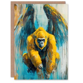 Artery8 Greeting Card Yellow Gorilla Ape With Angel Wings Oil Painting Blank For Him Or Her Art Birthday Card