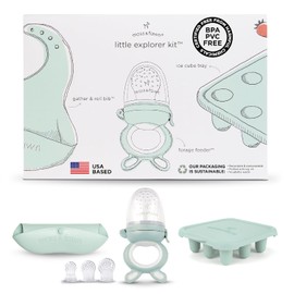 Moss and Fawn Little Explorer Kit - Kit de paletas de leche materna congelada de silicona con alimentador de forraje, bandeja de cubitos de hielo de paleta de dentición, y babero de alimentación para
