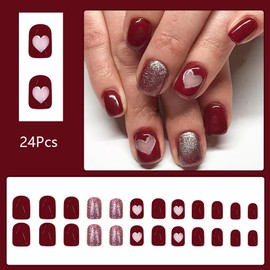 24 Pcs Red Valentine’s Day Press on Nails Square Short Fake Nails with Glue Valentine’s Day False Nails with Glitter Design Heart Nails Nude Full Cover Nails Press ons Holiday Glue on Nails for Women