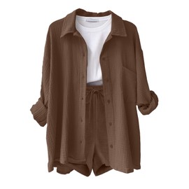 Yutdeng Completo Donna 2 Pezzi Camicia a Maniche Lunghe e Pantaloncini con Coulisse e Tasche Elegante Completo Estivo Tuta da Casa Casual Completo Sportivo in Lino Tuta da Ginnastica,Marrone,S