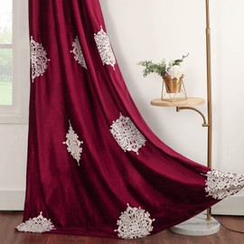 VOGOL Burgundy Thermal Curtains for Living Room, Floral Noise Reducing Bedroom Curtains 84 Inch Length Soft Velvet Room Darkening Grommet Drapes, 2 Panels (Tiebacks Include)