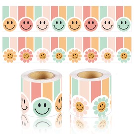 VABAMNA 72Ft Groovy Bulletin Board Borders, Colorful Daisy Smiley Face Die Cut Rolled Trim Borders for Back to School Supplies Classroom Door Wall Decor Chalkboard Decor, 2 Rolls