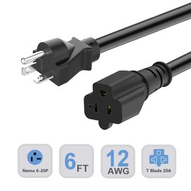 6-Ft 12AWG Nema 6-20P Extension Cord 20 Amp 250V 6-20 Heavy Duty Extension Cord 6Ft, (4 in 1) Nema 6-15R, 6-20R, 5-15R, 5-20R Female 20AMP T-Blade Adapter-Cable, 250V 20A AC Power Cable