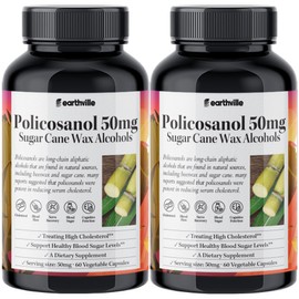Earthville Policosanol 50mg Sugar Cane Wax Alcohol Octacosanol 10 20 Vegetable Capsules, 60 Tablets, 2 Pieces / 어스빌 폴리코사놀 50mg 사탕수수왁스알코올 옥타코사놀 10 20 베지캡슐, 60정, 2개