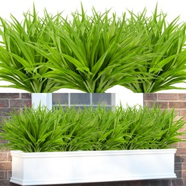 Phliofd 16Pcs Artificial Grass Fake Plants 17.3in 16 Leaves Outdoor Fake Grass UV Resistant Greenery Plastic Plants for Home Window Garden Patio Hanging Planter Pathway Front Porch Décor Green