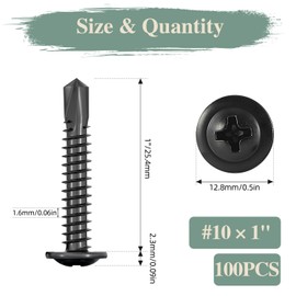 GOHODOMINO #10×1" Sheet Metal Screws 100Pcs 410 Stainless Steel Truss Head Fast Self Tapping Screws Black Oxide