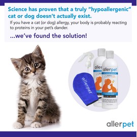 Allerpet Cat Dander Remover w/Free Applicator Mitt & Sprayer - Effective Cat Allergy Relief - Anti Allergen Solution Made in USA - 2 Pack (12oz)