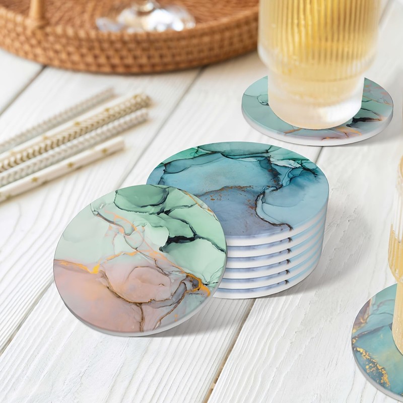 Vibiliyou Marble Green Pattern Coasters for Drinks with Holder Set