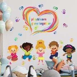Mirabuy Play Learn & Grow Together Wall Decals Kids Inspirational Quotes Handprint Wall Stickers for Classroom Kids Room Playroom Nursery