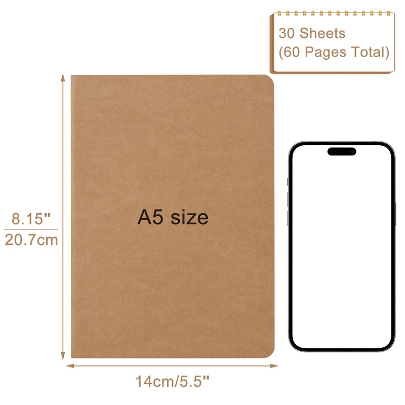 ZCZN A5 Notebook, 5 Pack Kraft Cover Lined Notebooks, 60